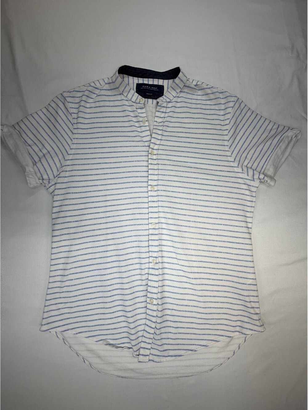Zara Man Men's Button Up Shirt Band Collar Slim Fit Striped Size S White Blue